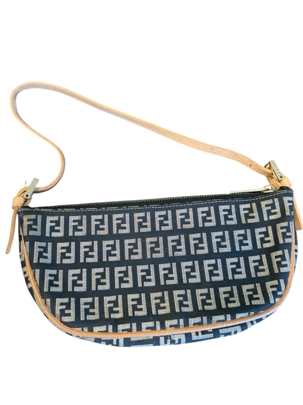 Vintage Y2K Fendi Zucchino Mini Pochette Half Moon Shoulder Bag Black Tan - Picture 2 of 9